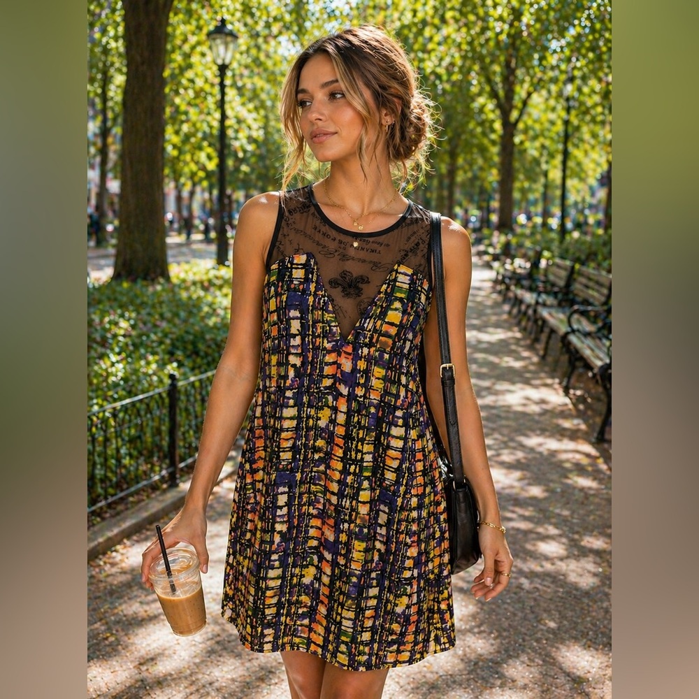 Sleeveless V-Neck Printed Mesh Yoke Dress - Multicolor